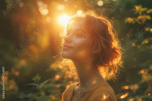 An artistic depiction of a woman with a glowing square obscuring her head amidst a sunlit, leafy backdrop photo