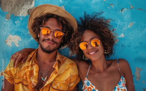 young couple posing near a blue wall