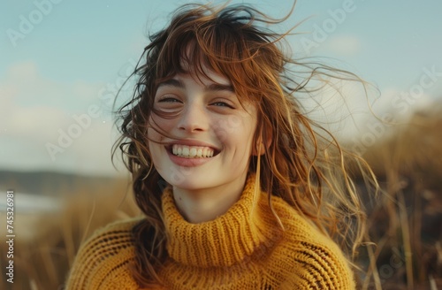 young woman dressed in yellow sweater laughing in front of camera