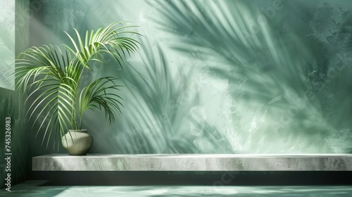 premium podium featuring a shadow of tropical palm leaves against a pastel gr...