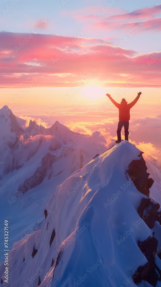 Joyful man with arms raised, standing on a mountain peak at sunrise, triumph and happiness, breathtaking natural landscape