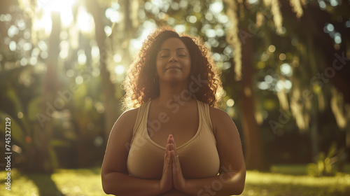 Confident overweight woman practicing yoga in a peaceful park  sunlight filtering through trees  promoting body positivity and wellness