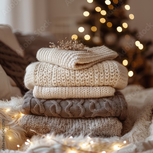 three sweaters next to lights