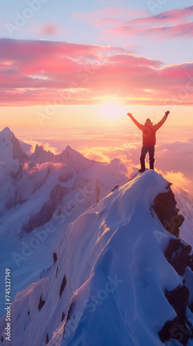 Joyful man with arms raised, standing on a mountain peak at sunrise, triumph and happiness, breathtaking natural landscape