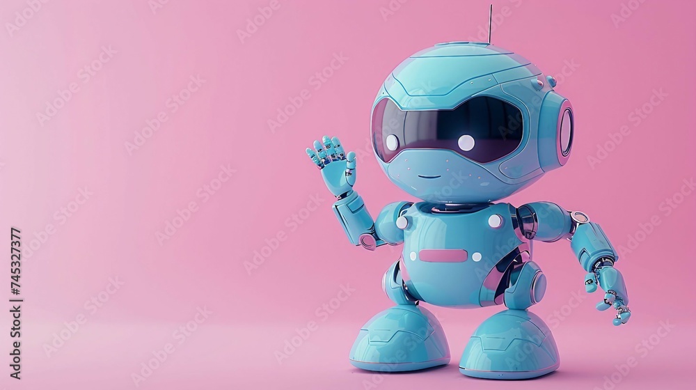 cute robot waving with one hand in shades of light blue, isolated on a solid pink background. with copy space.
cute robot waving with one hand in shades of light blue, isolated on a solid pink background. with copy space.