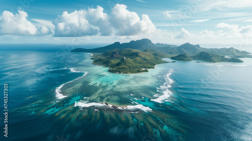 Aerial view of the Seychelles archipelago, lush islands scattered in the Indian Ocean, vibrant coral reefs visible beneath the surface, untouched natural beauty photo