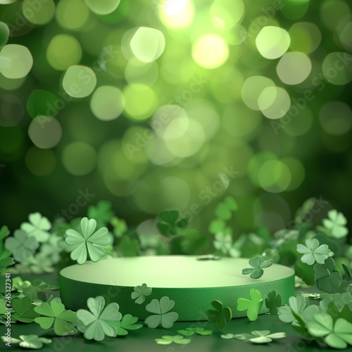 Green background banner for St. Patrick's Day green podium for product showcase with four-leaf and clover 