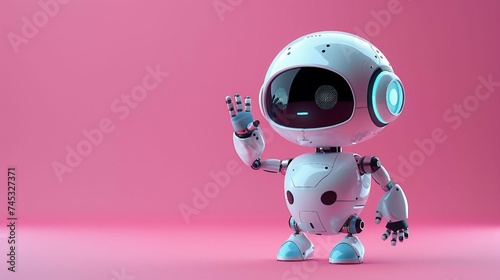 cute robot waving with one hand in shades of light blue, isolated on a solid pink  background. with copy space.   © png-jpeg-vector