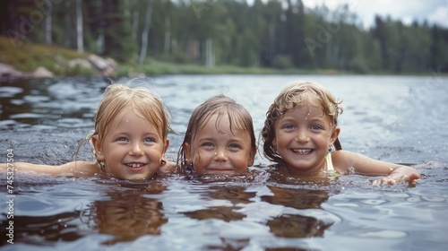 Three adorable young girls enjoy swimming in the lake