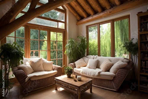 Bamboo Furniture Living Room Ideas: Country Cottage Bliss with Wooden Beams and Serene Countryside Vibes © Michael