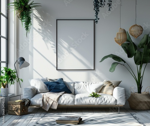 white living room, modern living room, white blank frame with lamp