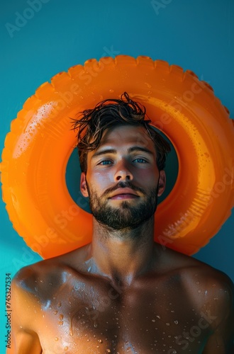 young man with inflatable ring on blue background