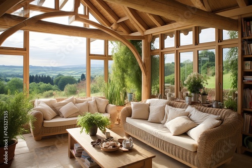 Bamboo Furniture Living Room: Country Cottage Vibes with Wooden Beams & Serene Countryside Charm