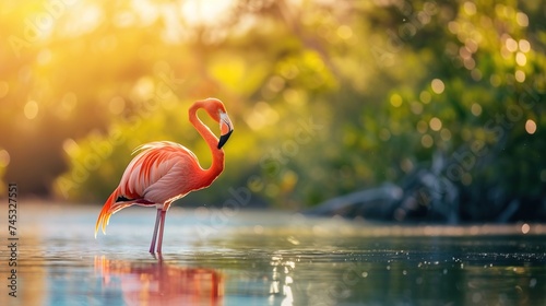 Caribbean flamingo standing in water with reflection. photo