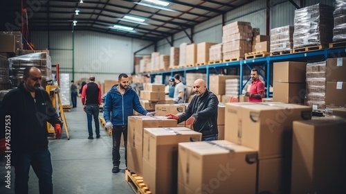 Group of hardware store employees engaged in busy workflow, shipping goods in large warehouse © sorin