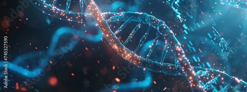revolutionary impact of artificial intelligence AI in healthcare evident in its role in genetic research and personalized medicine, with DNA double helix intertwined with digital AI elements photo