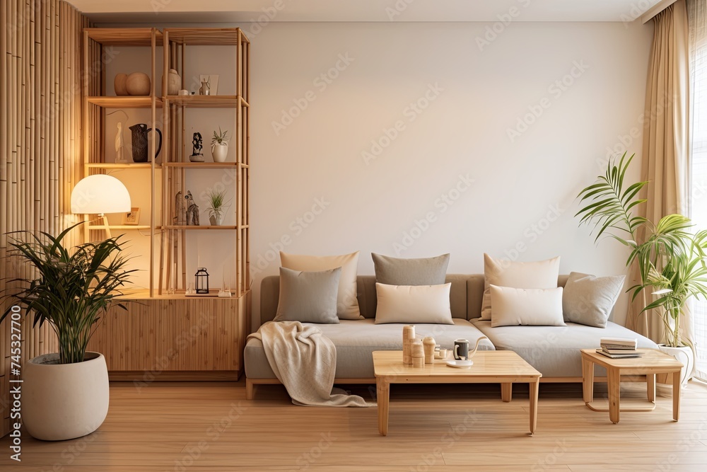 Fototapeta premium Bamboo Furniture Living Room Ideas: Minimalist Apartment with Neutral Colors & Simple Elegance