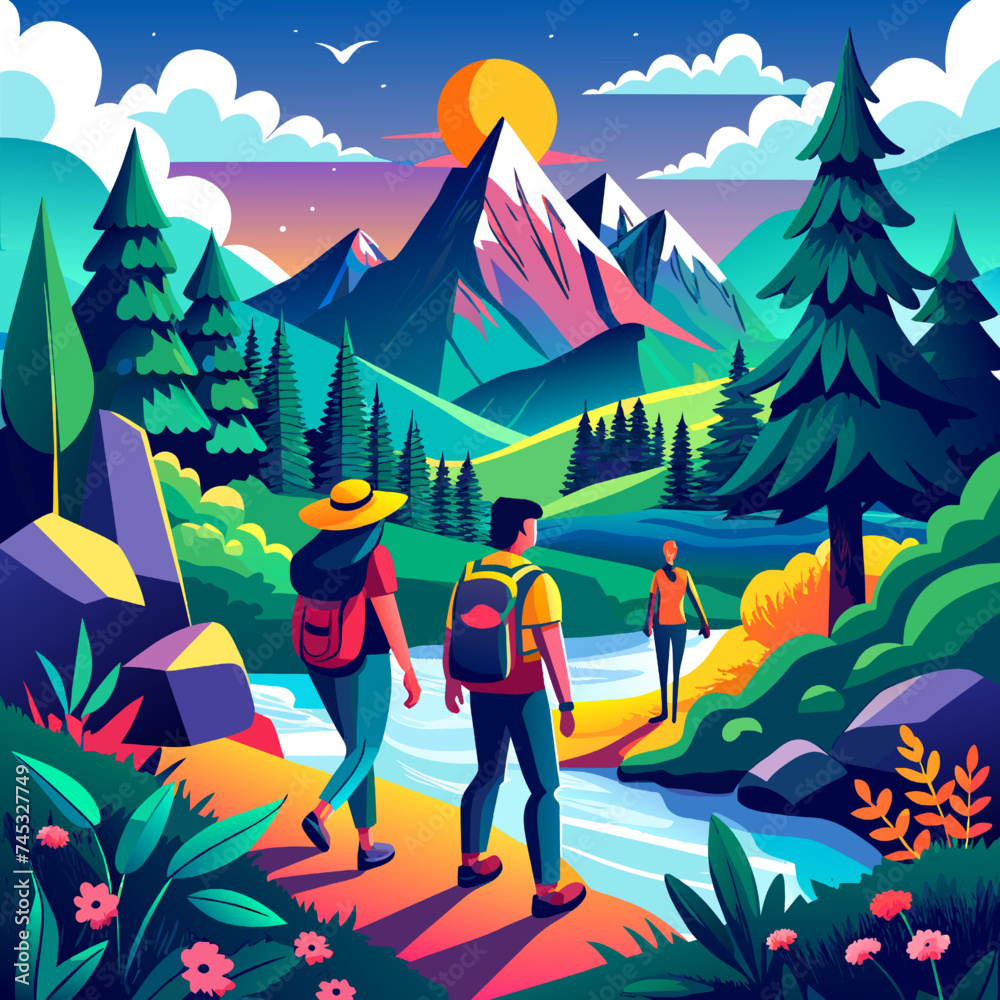 Hikers with backpacks hiking in mountains and forest. Vector illustration