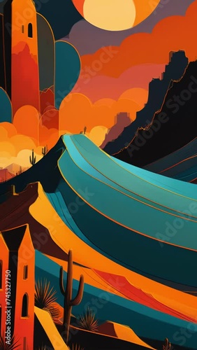 Vibrant Mexican Desert Sunset: Breathtaking Cactus Landscape with Mountains, Desert Plants and Vivid Color Reflections 