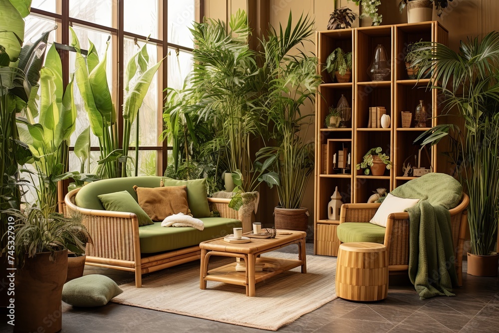 Urban Jungle Living: Bamboo Furniture, Green Leafy Plants & Cozy Bamboo Benches