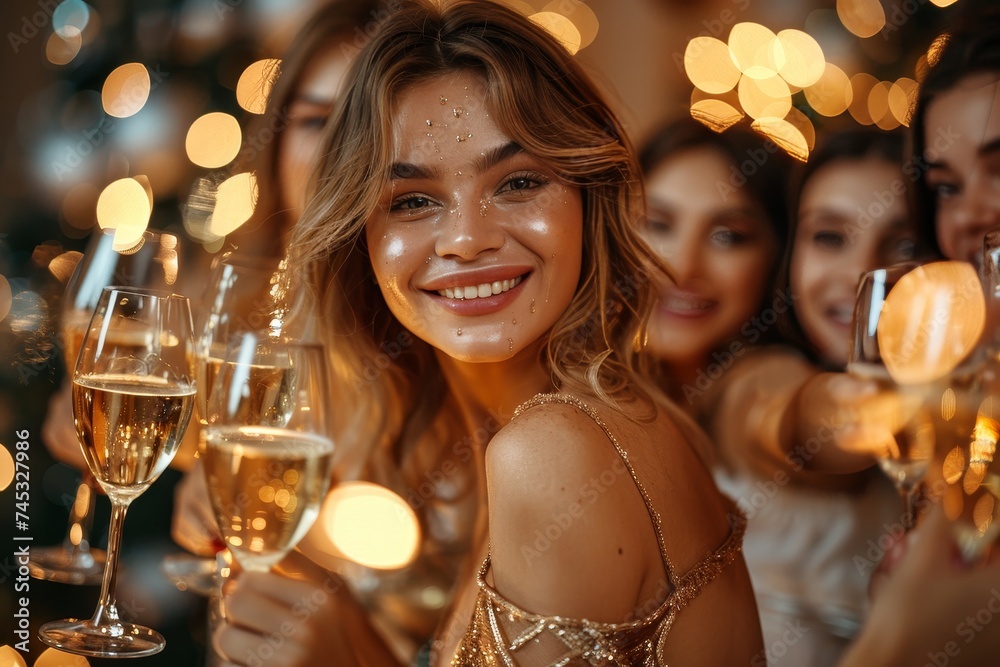 Woman with glitter on her face toasting with friends at a celebration, glowing amidst golden bokeh