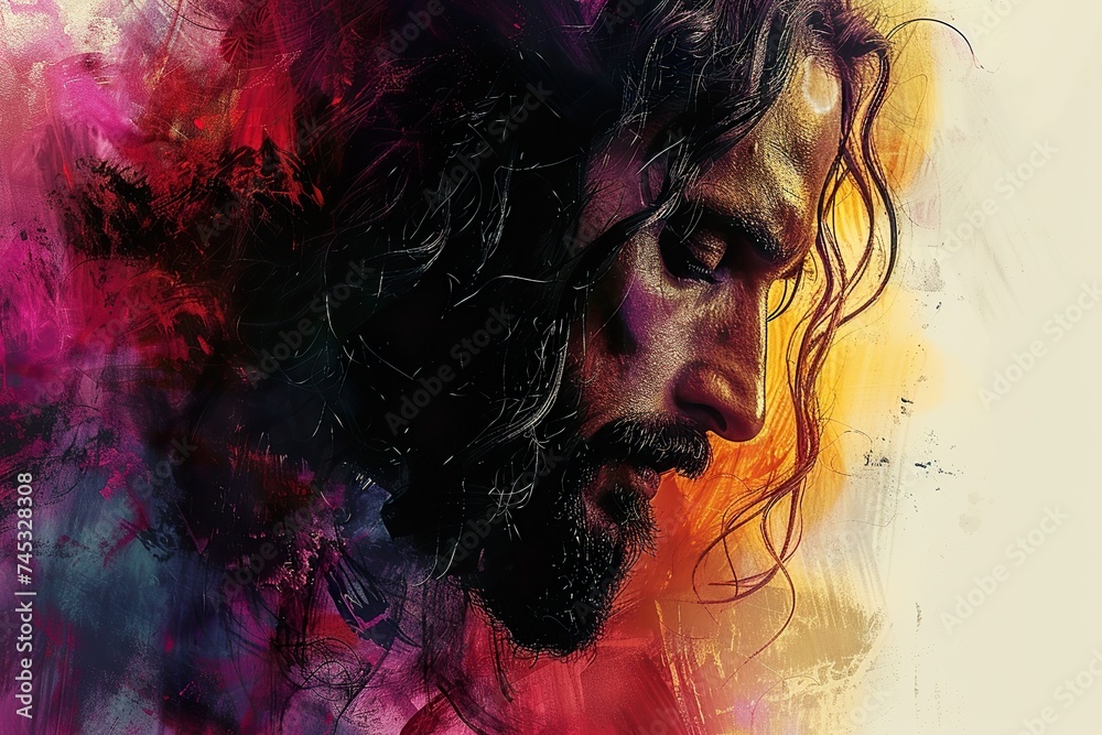 Portrait of Jesus Christ on abstract grunge background. Digital painting - obrazy, fototapety, plakaty 