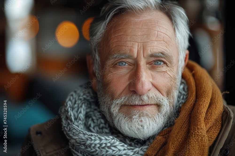 A thoughtful elder man with a beard and mustache wearing a warm scarf and coat, looking intently at the camera A thoughtful elder man with a beard and mustache wearing a warm scarf and coat, looking intently at the camera