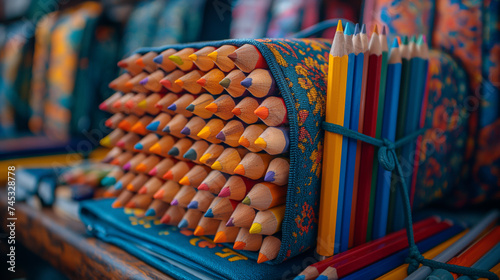 Set of colored pencils and a backpack on the table in a classroom