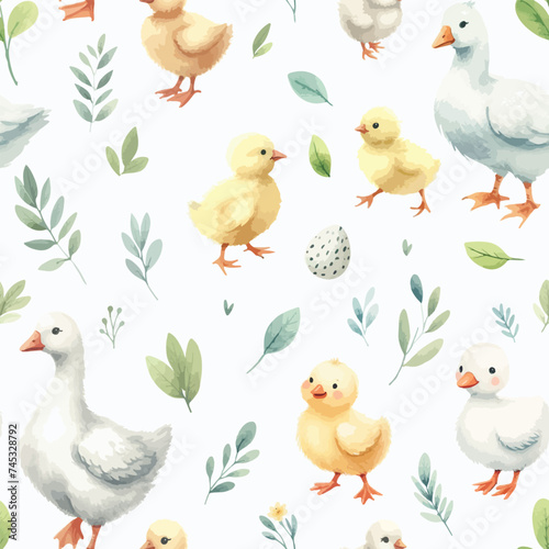 Seamless watercolor pattern goose and little ducklings with sprigs of leaves.