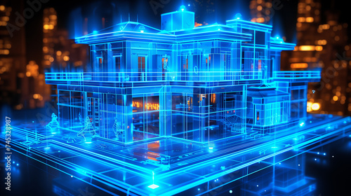 Architectural visualization: Hologram showcasing the intricate details of building blueprint