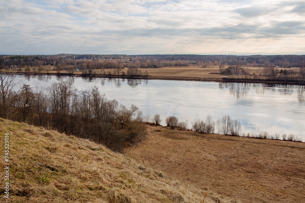 View to the River Daugava from Aizkraukle castle mound in early spring in Skriveri in Latvia