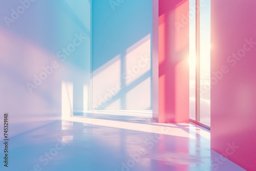 Modern Room with Colorful Pastel Sunrise Light A contemporary room filled with vibrant pastel colors from the sunrise, casting geometric shadows on the floor. 