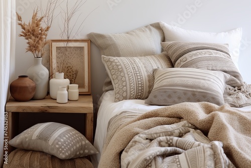 Boho Chic Earthy Tones: Neutral Color Palette Bedroom Designs with Laid-back Luxury and Patterned Textiles