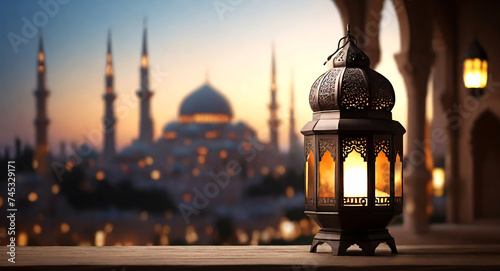 Ramadan islamic lanterns with night bokeh light with a blurred mosque ramadan HD background photo