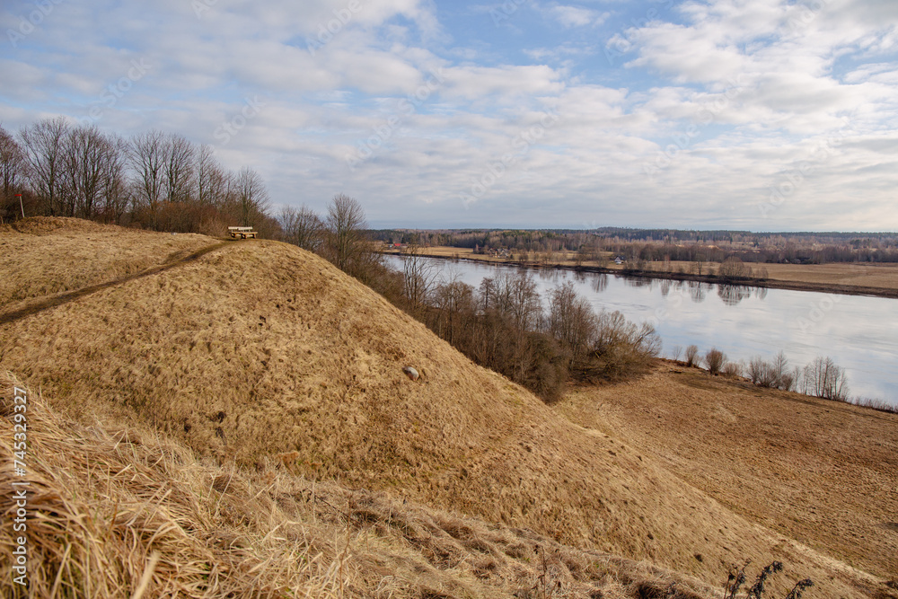 View to the River Daugava from Aizkraukle castle mound in early spring in Skriveri in Latvia