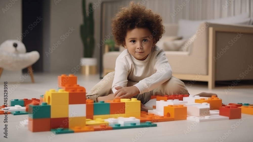 Mother and child building colorful tower on heated floor, enjoying family playtime with pet Mother and child building colorful tower on heated floor, enjoying family playtime with pet
