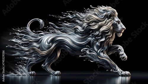 Silvery Lion in Motion with Fluid Abstract Design Elements photo