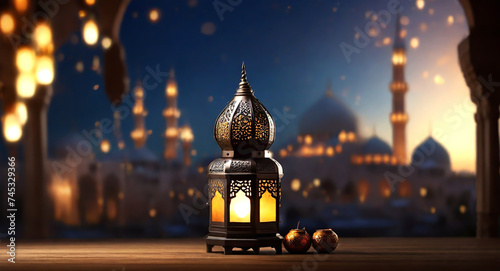 Ramadan islamic lanterns with night bokeh light with a blurred mosque ramadan HD background