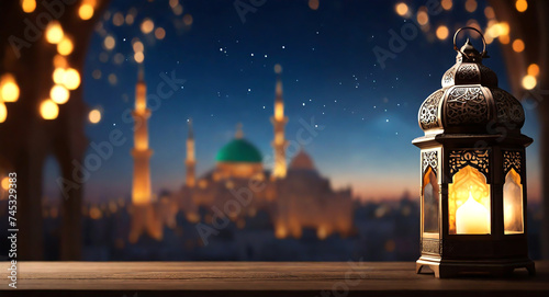 Ramadan islamic lanterns with night bokeh light with a blurred mosque ramadan HD background