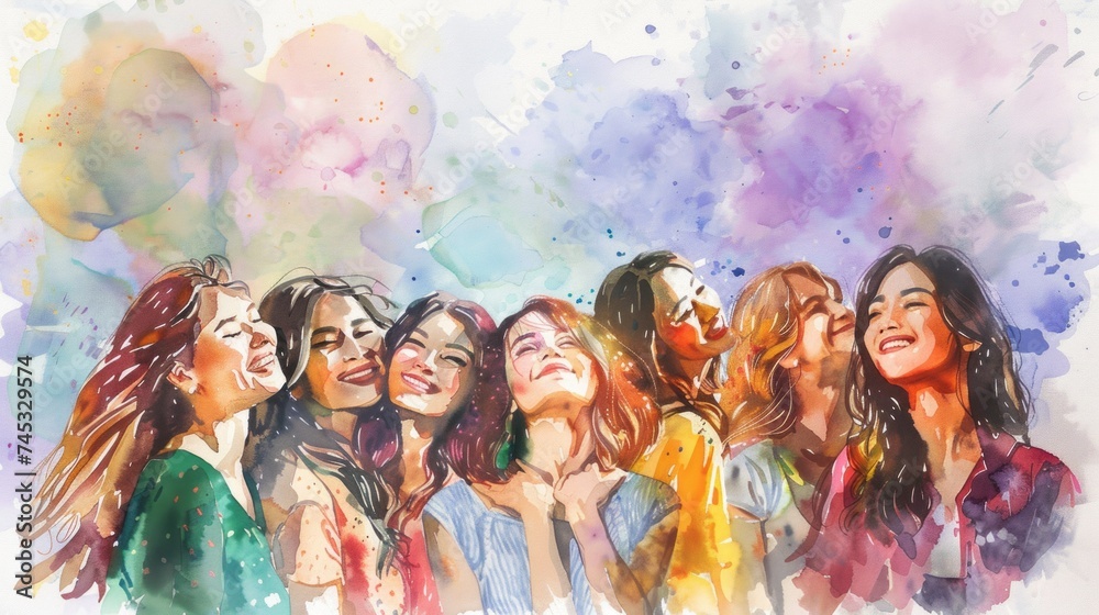 Colorful watercolor illustration of empowered women celebrating international women’s day with a twist of creepy happiness