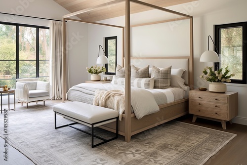 Modern Canopy Bed Bedroom  Chic Interiors with Wooden Side Table  Pendant Lights  and Stylish Rug