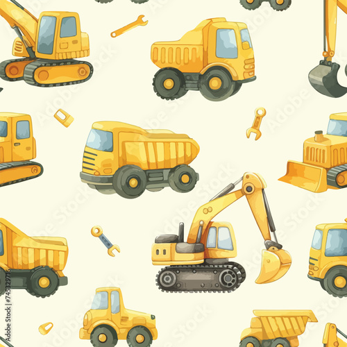 Seamless pattern of watercolor construction equipment. Special machines for the construction work. Forklifts, cranes, excavators, tractors, bulldozers, trucks.