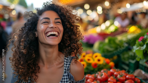 Mulher sorrindo em mercado cheio de produtos frescos e flores visto com lente 50mm em closeup photo