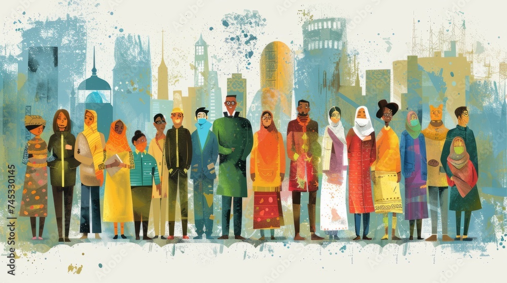 Naklejka premium Multicultural team embracing diversity: illustration of people from various nationalities promoting inclusion at work