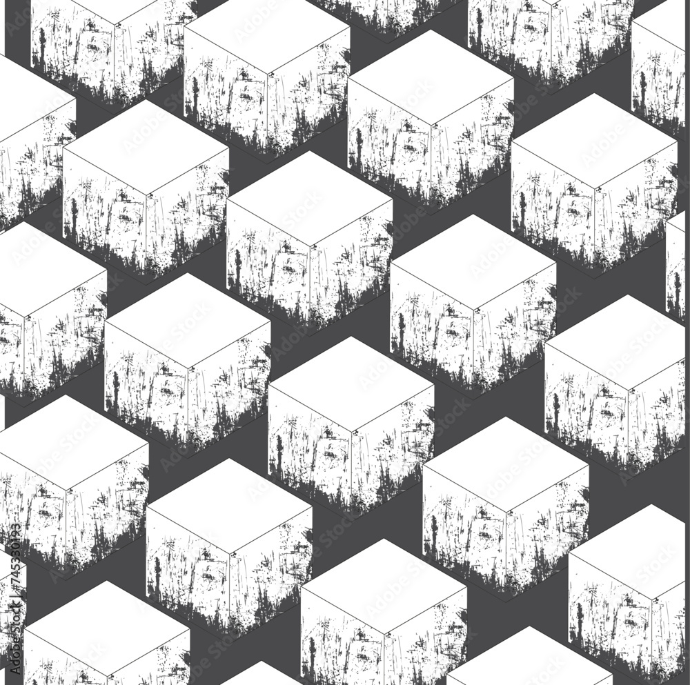 Vector pattern of isometric white cubes with wear marks on a dark background.