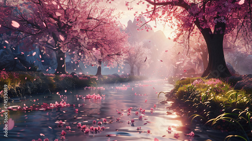 A serene cherry blossom park in full bloom