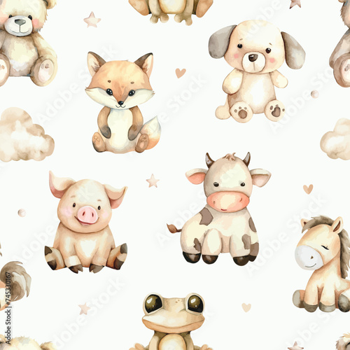 Cute seamless pattern with watercolor pet animals.