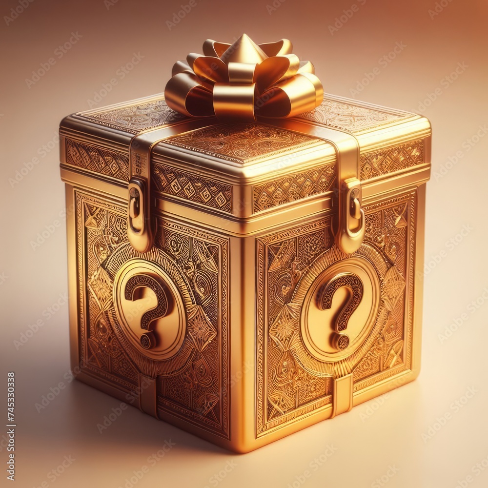 Gold gift box with a bow and question mark. 3d rendering. Giveaway ...