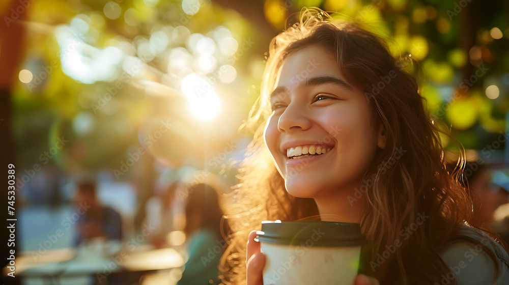 Jovem mulher sorridente aproveitando café ao ar livre sob luz filtrada pelas árvores criando sombras pintadas - obrazy, fototapety, plakaty 