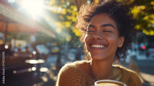 Jovem mulher sorridente aproveitando café ao ar livre sob luz filtrada pelas árvores criando sombras pintadas photo